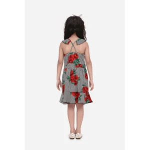 Generic Girl's Polyester Crepe Floral Shoulder Straps Dress (Red)
