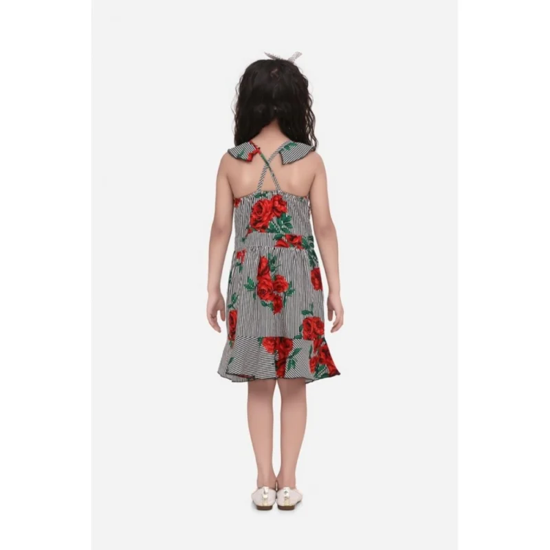 Generic Girl's Polyester Crepe Floral Shoulder Straps Dress (Red)