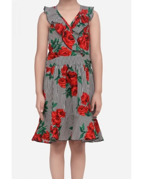 Generic Girl's Polyester Crepe Floral Shoulder Straps Dress (Red)