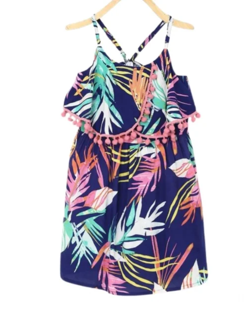 Generic Girl's Rayon Printed Shoulder Straps Dress (Navy Blue)