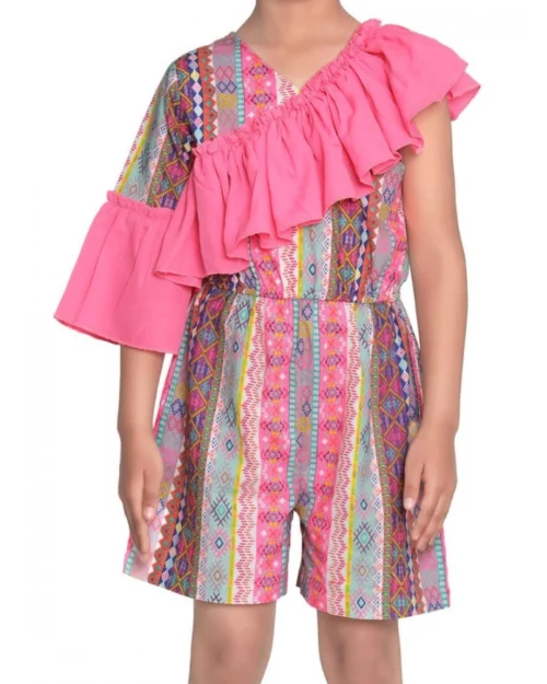 Generic Girl's Cotton & Polyester Printed 3/4th Sleeves Dress (Pink)