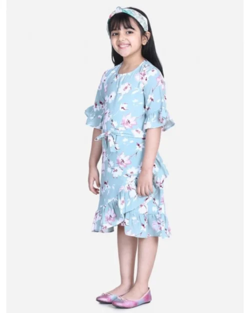Generic Girl's Polyester Crepe Floral Bell Sleeve Dress (Turquoise Blue)