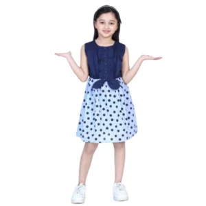 Generic Girl's Denim Polka Sleeveless Dress (Blue)