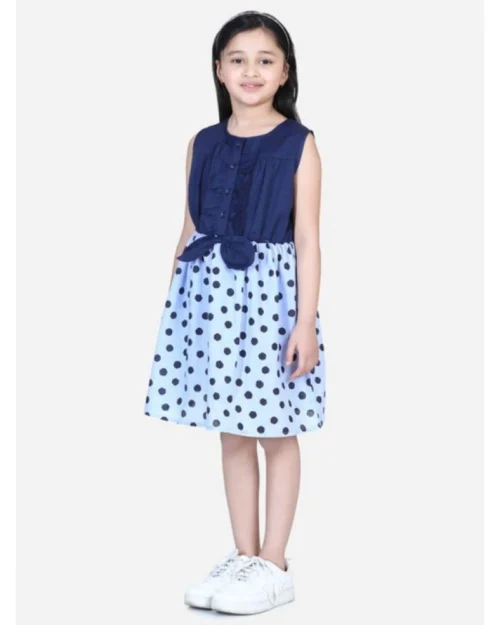 Generic Girl's Denim Polka Sleeveless Dress (Blue)