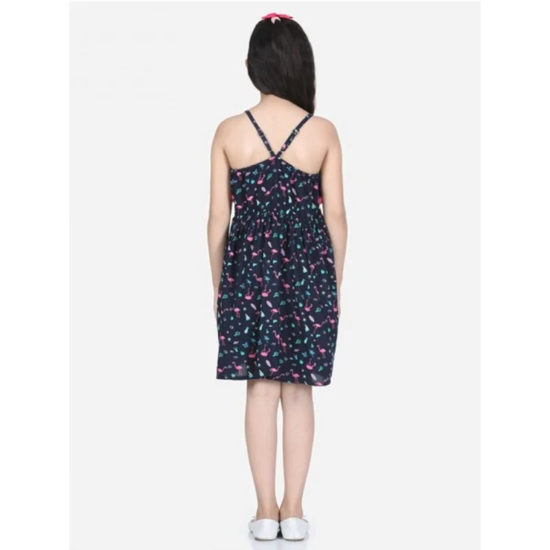 Generic Girl's Rayon Flamingo Print Sleeveless Dress (Black)