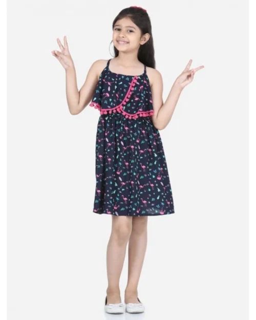 Generic Girl's Rayon Flamingo Print Sleeveless Dress (Black)