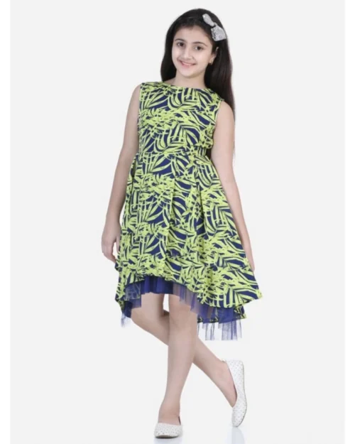 Generic Girl's Polyester Crepe & Net Printed Sleeveless Dress (Yellow-Blue)