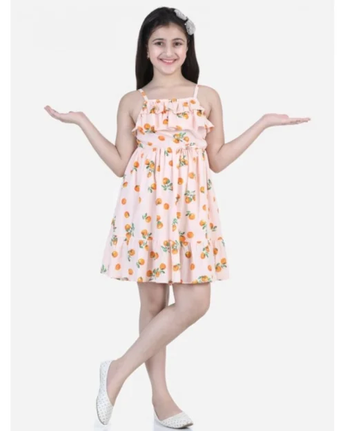 Generic Girl's Rayon Printed Sleeveless Dress (Orange)