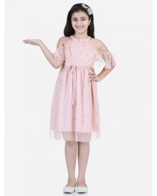 Generic Girl's Net Printed Sleeveless Dress (Blush Pink)