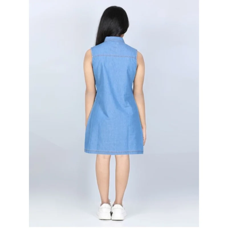 Generic Girl's Denim Solid Cold Shoulder Dress (Blue)