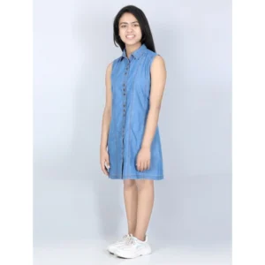 Generic Girl's Denim Solid Cold Shoulder Dress (Blue)