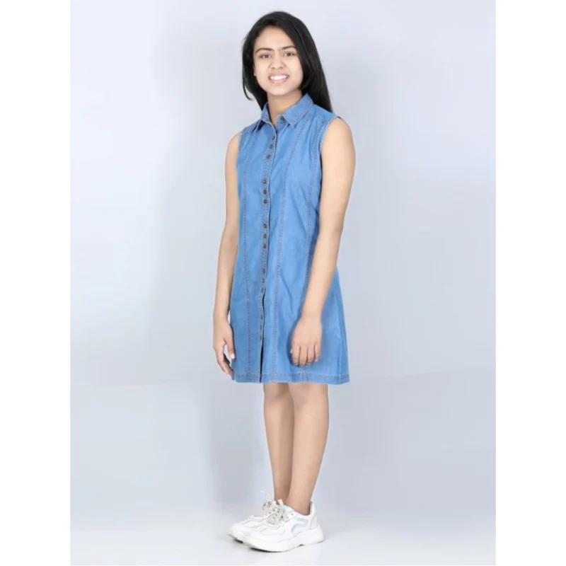 Generic Girl's Denim Solid Cold Shoulder Dress (Blue)