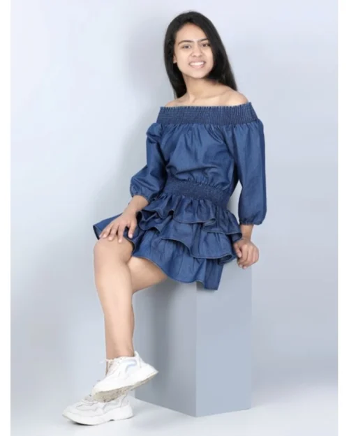 Generic Girl's Denim Solid Off Shoulder Dress (Blue)