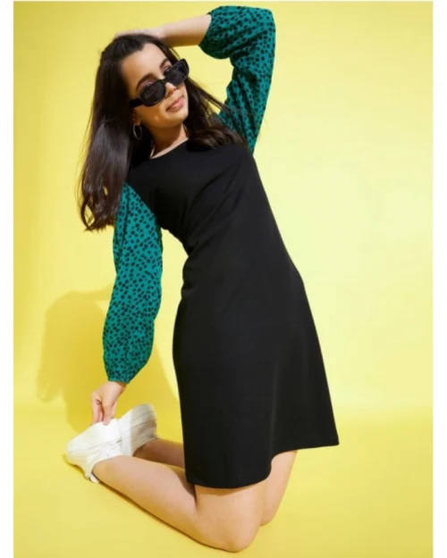 Generic Girl's Polyester Printed Long Sleeves Dress (Black-Green)