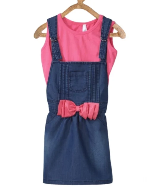 Generic Girl's Denim & Cotton Bow Sleeveless Dungaree (Pink)