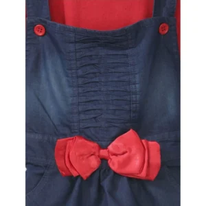 Generic Girl's Denim & Cotton Bow Sleeveless Dungaree (Red)