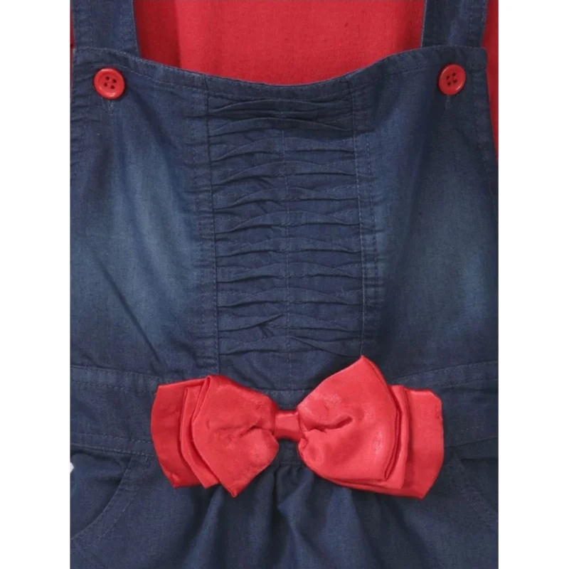 Generic Girl's Denim & Cotton Bow Sleeveless Dungaree (Red)