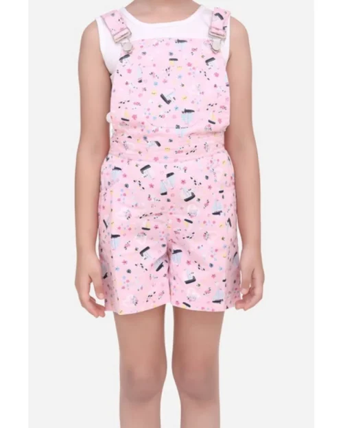 Generic Girl's Inner- Cotton Printed Sleeveless Dungaree (Light Pink)