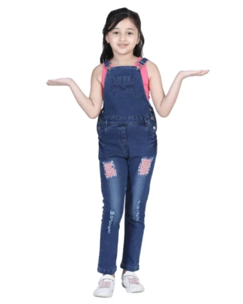 Generic Girl's Denim Patch Work Buttoned Dungaree (Blue)