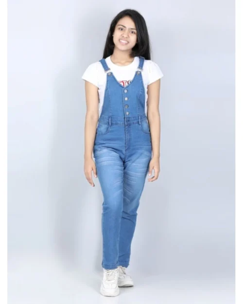 Generic Girl's Denim Solid Buttoned Dungaree (Blue)