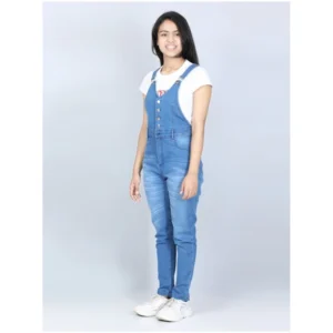 Generic Girl's Denim Solid Buttoned Dungaree (Blue)