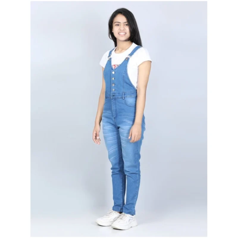 Generic Girl's Denim Solid Buttoned Dungaree (Blue)