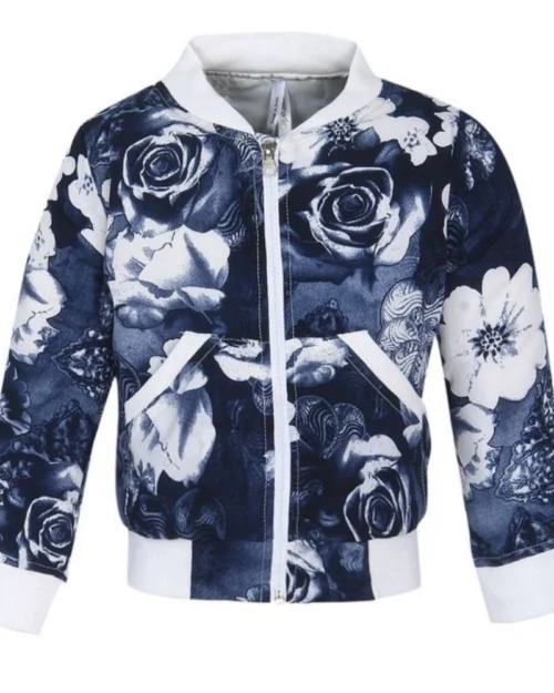 Generic Girl's Polyester Printed Long Sleeves Bomber Jacket (White-Blue)