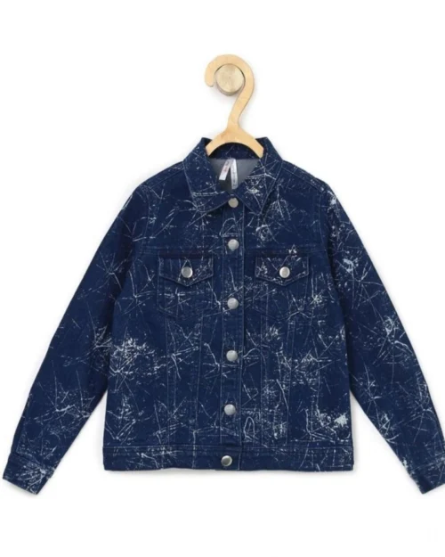 Generic Girl's Denim Washed Flutter Jacket with Crinkle (Blue)
