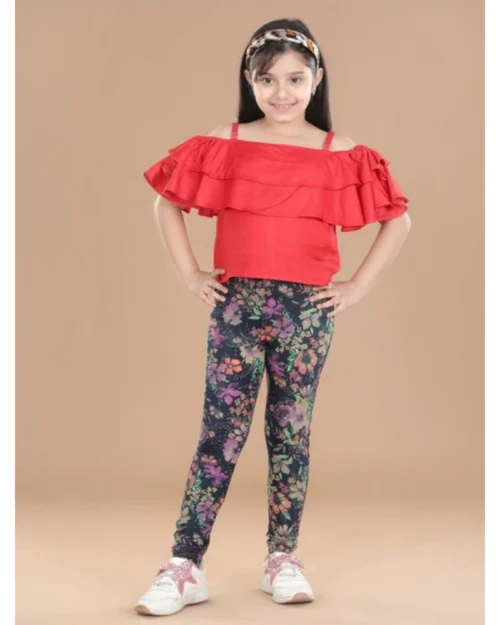 Generic Girl's Cotton Lycra Floral Elasticated Jeggings (Multicolor)