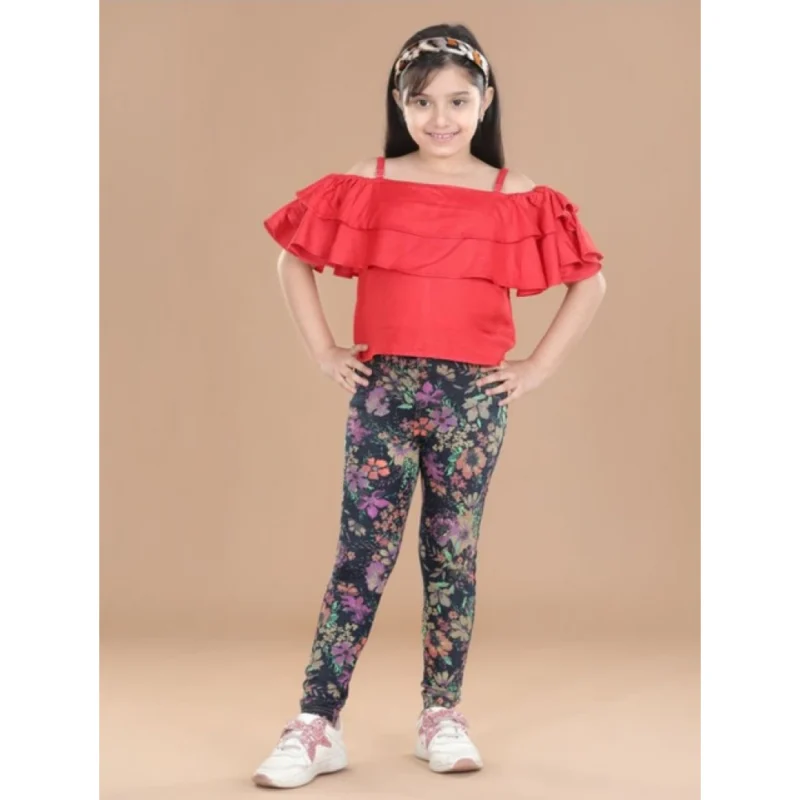 Generic Girl's Cotton Lycra Floral Elasticated Jeggings (Multicolor)