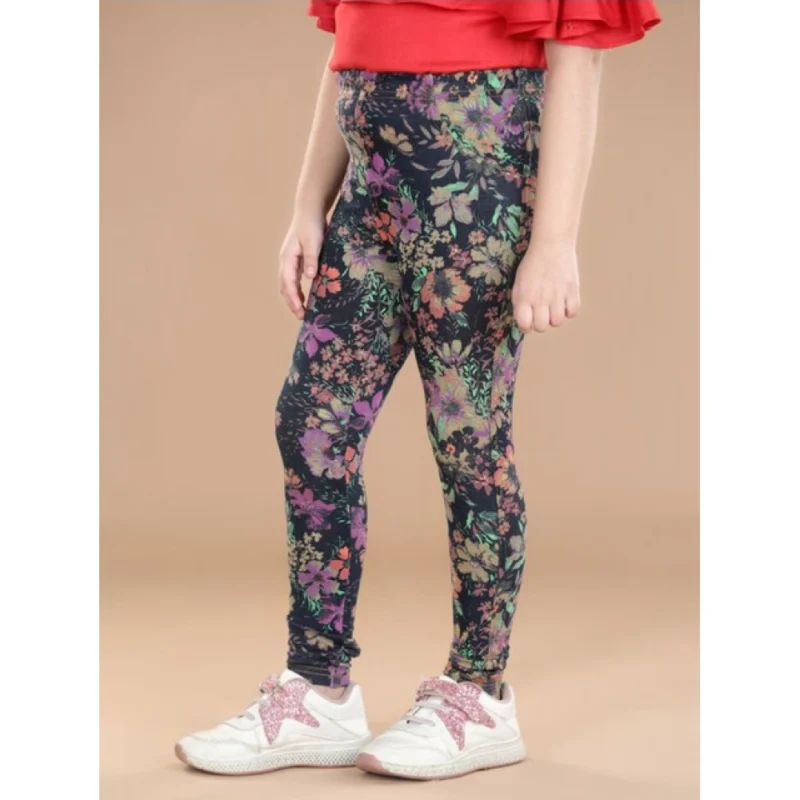 Generic Girl's Cotton Lycra Floral Elasticated Jeggings (Multicolor)