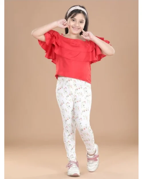 Generic Girl's Cotton Lycra Floral Elasticated Jeggings (White-Green)