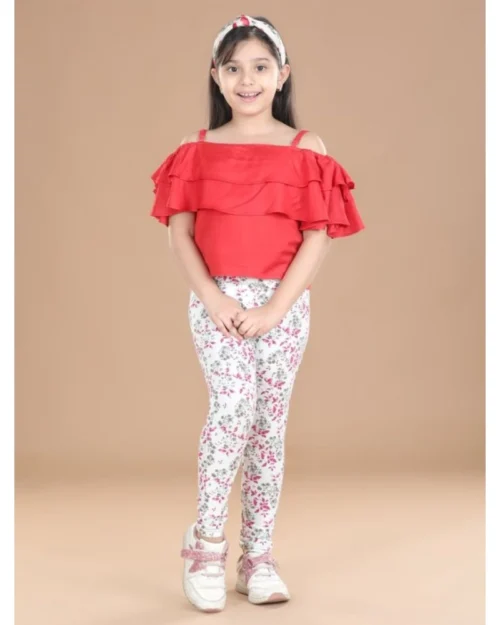 Generic Girl's Cotton Lycra Floral Elasticated Jeggings (White-Pink)