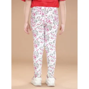 Generic Girl's Cotton Lycra Floral Elasticated Jeggings (White-Pink)