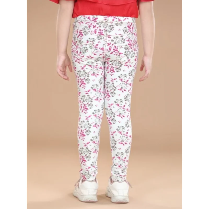 Generic Girl's Cotton Lycra Floral Elasticated Jeggings (White-Pink)