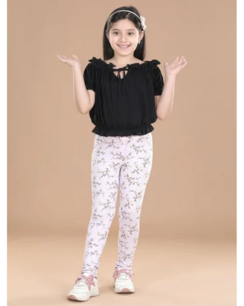 Generic Girl's Cotton Lycra Floral Elasticated Jeggings (Multicolor)