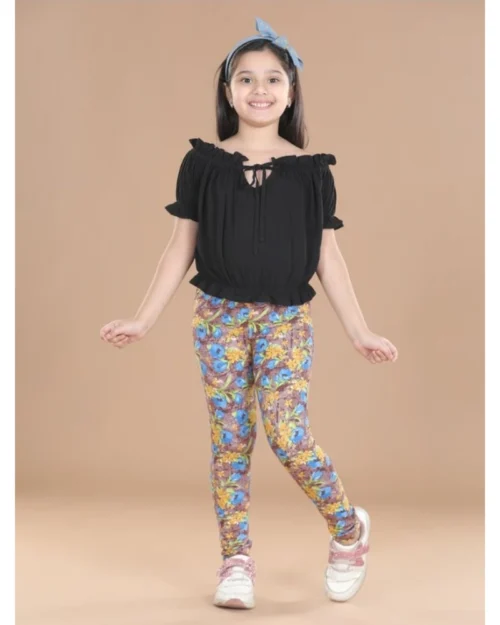 Generic Girl's Cotton Lycra Floral Elasticated Jeggings (Multicolor)