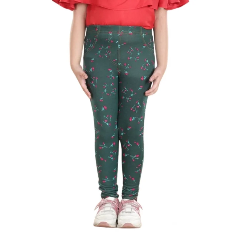 Generic Girl's Cotton Lycra Floral Elasticated Jeggings (Bottle Green)
