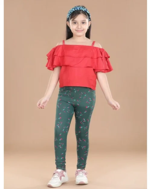 Generic Girl's Cotton Lycra Floral Elasticated Jeggings (Bottle Green)
