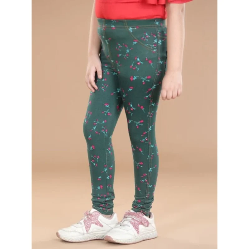 Generic Girl's Cotton Lycra Floral Elasticated Jeggings (Bottle Green)