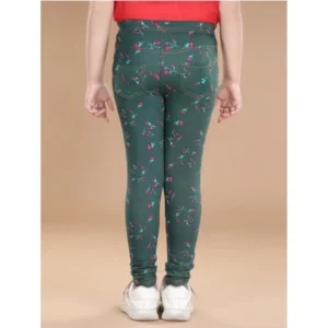 Generic Girl's Cotton Lycra Floral Elasticated Jeggings (Bottle Green)