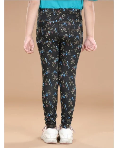 Generic Girl's Cotton Lycra Floral Elasticated Jeggings (Multicolor)