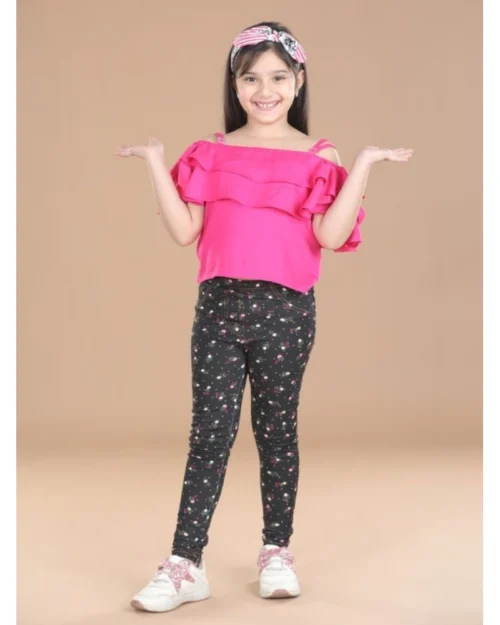 Generic Girl's Cotton Lycra Floral Elasticated Jeggings (Multicolor)