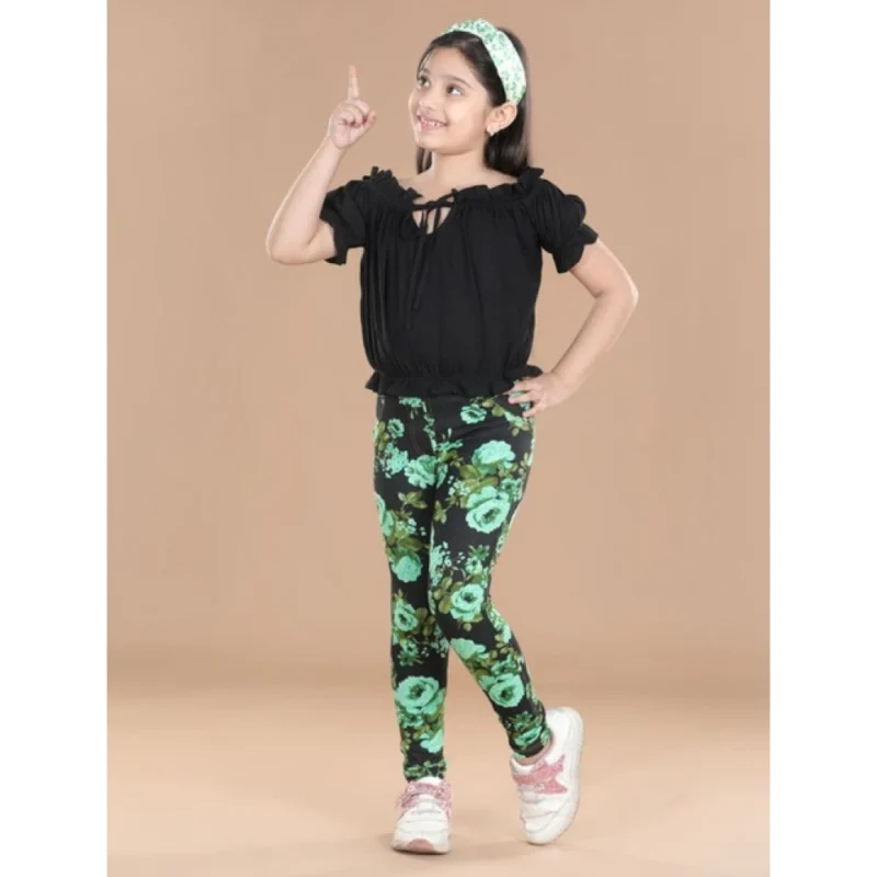 Generic Girl's Cotton Lycra Floral Elasticated Jeggings (Black-Green)