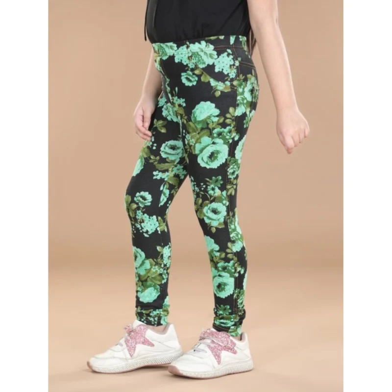 Generic Girl's Cotton Lycra Floral Elasticated Jeggings (Black-Green)