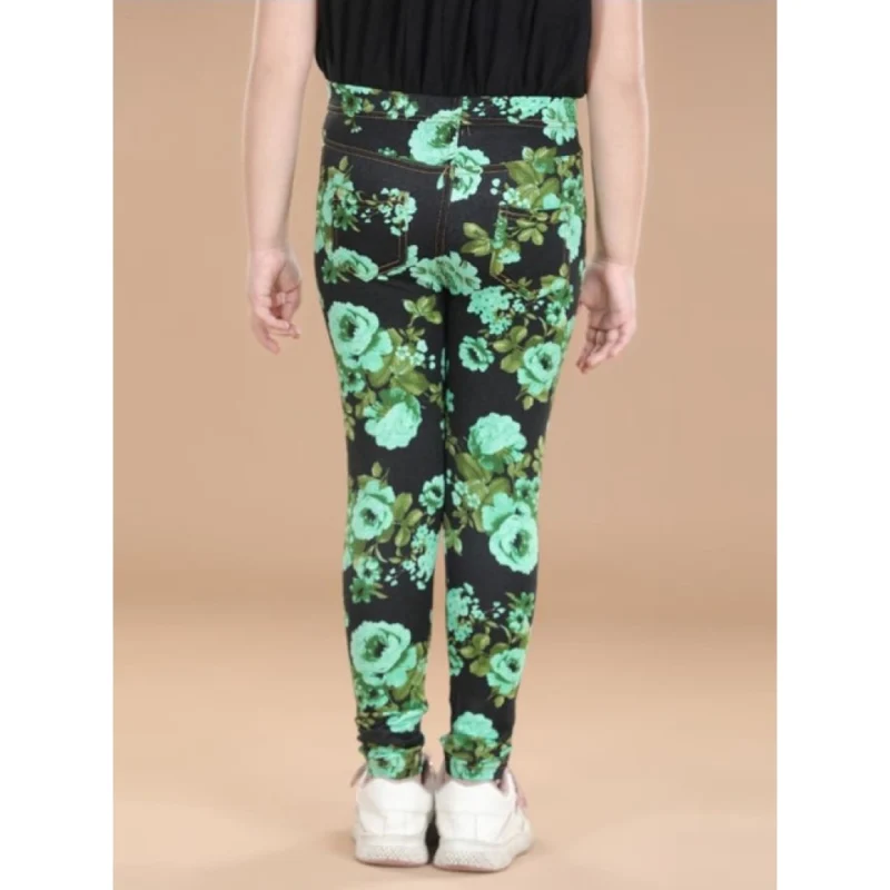 Generic Girl's Cotton Lycra Floral Elasticated Jeggings (Black-Green)