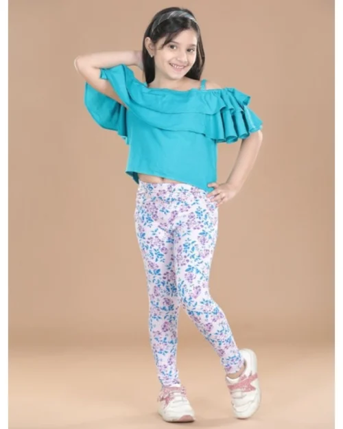 Generic Girl's Cotton Lycra Floral Elasticated Jeggings (White-Turquoise Blue)