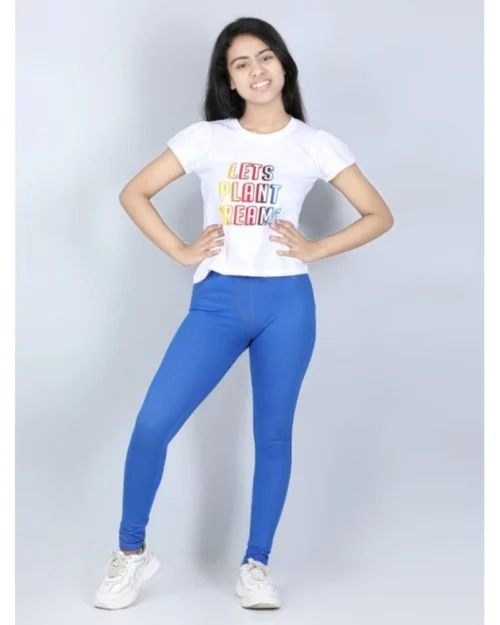 Generic Girl's Cotton Lycra Solid Elasticated Jeggings (Blue)