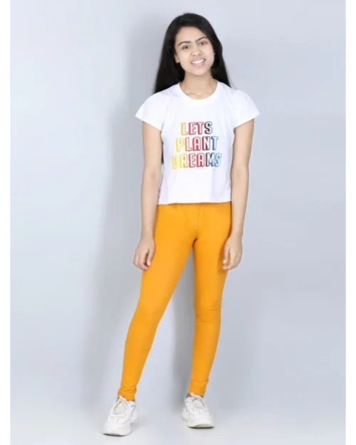 Generic Girl's Cotton Lycra Solid Elasticated Jeggings (Mustard)