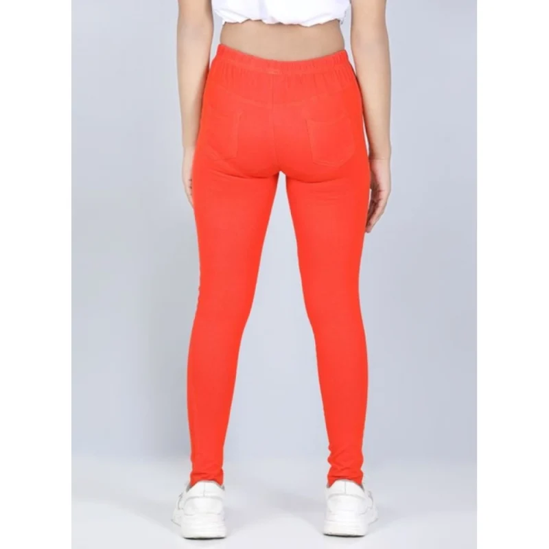 Generic Girl's Cotton Lycra Solid Elasticated Jeggings (Orange)